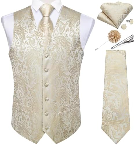 DiBanGu Mens Vest and Tie Set Formal Paisley Waistcoat and Necktie Pocket Square Cufflinks Silk Suit Vest for Tuxedo Wedding by DiBanGu