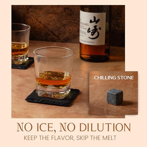 Mixology & Craft Whiskey Stones Gift Set – Includes Two 10oz Crystal Whiskey Glasses, 8 Granite Chilling Rocks, Slate Coasters, Metal Tongs, Cocktail Recipe Cards, Elegant Wooden Storage Box - Image 3