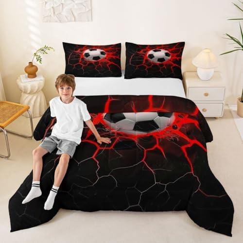 Erosebridal Flame Soccer Comforter Set for Kids Boys Girls Red Lightning Football Bedding 3D Soccer Ball Duvet Set Ball Sports Games Comforter King with 2 Pillowcases - Image 4
