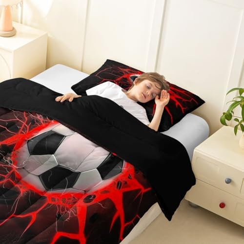 Erosebridal Flame Soccer Comforter Set for Kids Boys Girls Red Lightning Football Bedding 3D Soccer Ball Duvet Set Ball Sports Games Comforter King with 2 Pillowcases - Image 3