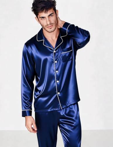 SWOMOG Mens Silk Satin Pajamas Set Long Sleeve Sleepwear Button-Down Pj Two-piece Loungewear with Long Pants S-XXL - Image 2