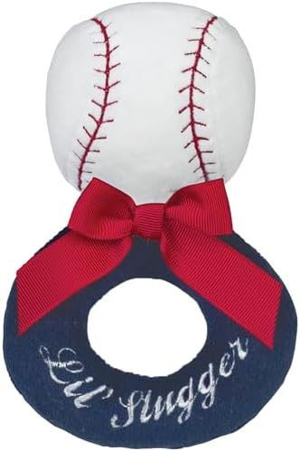 Bearington Collection Baby Lil’ Slugger, 5.5 Inch Red, White and Blue Plush Stuffed Baby Baseball Soft Ring Rattle by BearingtonCollection