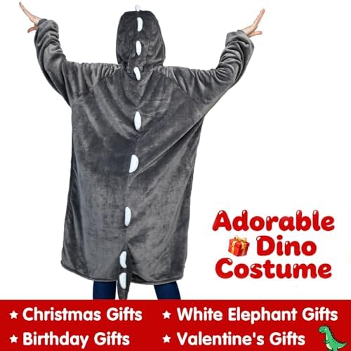 Waitu Dinosaur Wearable Blanket Hoodie Funny Halloween Costumes Gifts for Women Men Boys Girls, Zipper Hoodie Blanket Sweatshirt Cozy Unisex Flannel Dinosaur Costume Cute Gifts (Adult, Gray) - Image 2