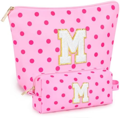 mibasies 2 PCS Initial Makeup Bags for Women: Cosmetic Bag for Travel Toiletry - Birthday Gifts for Teen Girl Gifts Trendy Stuff - Graduation Teacher Gift for Girlfriend -Polka Dot Rose Red M by mibasies