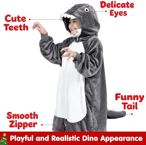 Waitu Dinosaur Wearable Blanket Hoodie Funny Halloween Costumes Gifts for Women Men Boys Girls, Zipper Hoodie Blanket Sweatshirt Cozy Unisex Flannel Dinosaur Costume Cute Gifts (Kids, Gray) - Image 4