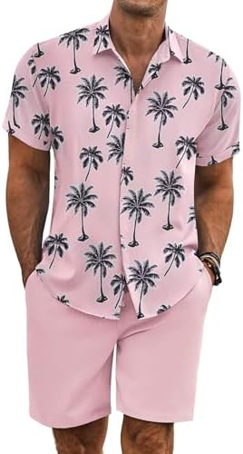 COOFANDY Men's Summer Beach Outfits 2 Piece Short Sleeve Shirts and Shorts Vacation Texture Linen Sets for Men by COOFANDY