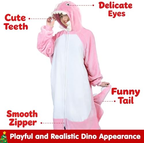 Waitu Dinosaur Wearable Blanket Hoodie Funny Halloween Costumes Gifts for Women Men Boys Girls, Zipper Hoodie Blanket Sweatshirt Cozy Unisex Flannel Dinosaur Costume Cute Gifts (Adult, Bright Pink) - Image 4