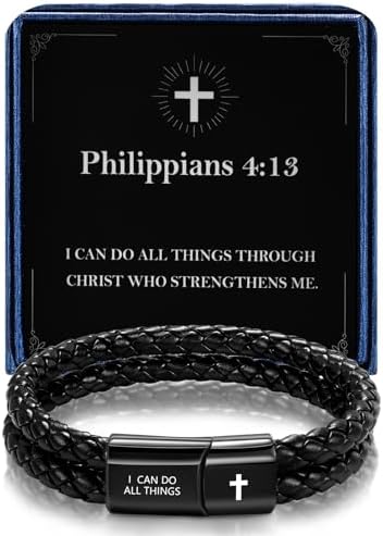 Christian Bracelet for Men, Bible Verse Leather Cross Gift for Men by Timekeeper-UnlockYourTreasureofTime