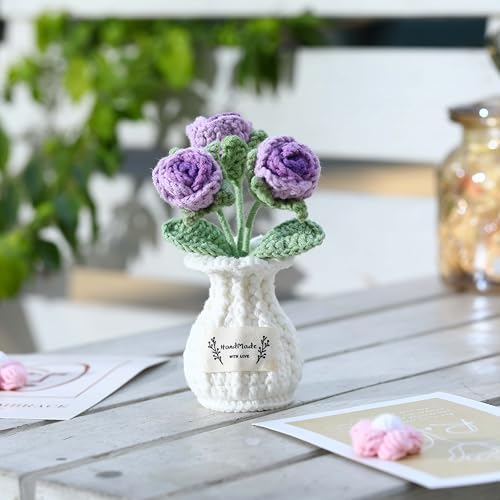 Crochet Rose Flower Potted Plant – Purple, Valentines Day Gift for Her, Handmade Knitted Romantic Desk Decor - Image 2