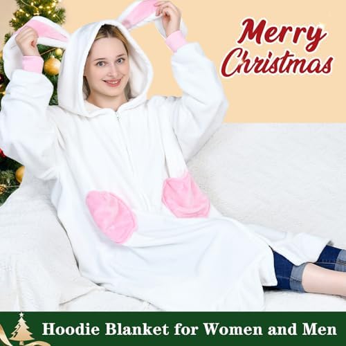 Waitu Rabbit Wearable Blanket Hoodie Funny Halloween Costumes Easter Gifts for Women Men Boys Girls, Rabbit Hooded Blanket Flannel Zipper Hoodie Blanket Birthday Gifts for Girlfriend (Adult, White) - Image 3