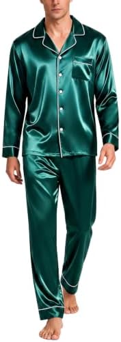 SWOMOG Mens Silk Satin Pajamas Set Long Sleeve Sleepwear Button-Down Pj Two-piece Loungewear with Long Pants S-XXL by SWOMOG
