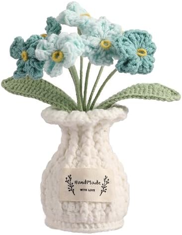 Crochet Flower Pot Forget-me-not Valentines Day Gift for Women Him Her Boyfriend Girlfriend Lover Husband Couples Wife Coworker Birthday Wedding Knitted Blue Plant Cute Office Desk Decor by YOOJEE