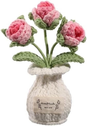 Crochet Rose Flower Potted Plant – Pink, for Her, Handmade Knitted Romantic Desk Decor by YOOJEE