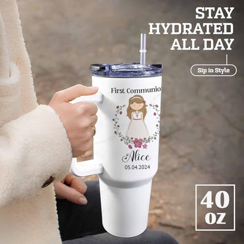 First Communion Gifts for Girls - Personalized 1st Holy Communion Tumblers with Handle and Straw, Custom First Holy Communion Coffee Tumbler with Name & Date, Baptism Gifts for Girls Daughters - Image 4