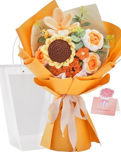 Alecono Crochet Flower Bouquet Handmade Orange Knitted Sunflower Floral by AleconoBetterYourLife