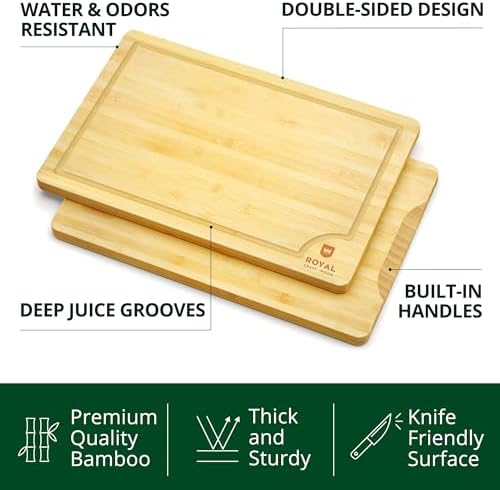 ROYAL CRAFT WOOD Wooden Cutting Boards for Kitchen Meal Prep & Serving - Bamboo Wood Serving Board Set with Deep Juice Groove Side Handles - Charcuterie & Chopping Butcher Block for Meat - Image 2