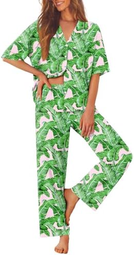 Ekouaer Women Pajamas Set Button Down Sleepwear Short Sleeve Pjs Long Pants by EKOUAER