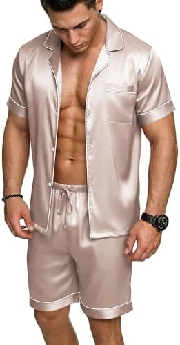 Ekouaer Mens Silk Satin Pajamas Set Short Sleeve Button Up Lounge Pjs Set by EKOUAER