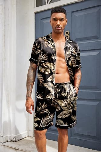 Ekouaer Mens Silk Satin Pajamas Set Short Sleeve Button Up Lounge Pjs Set - Image 3