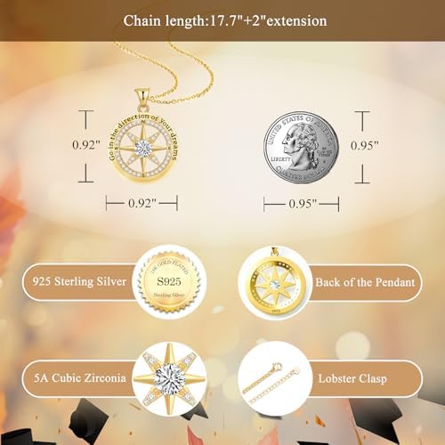 2026 Graduation Gifts for Her-925 Sterling Silver Graduation Compass Necklace College Graduation Gifts for Women Her Granddaughter Daughter 2026 - Image 5