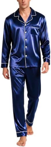 SWOMOG Mens Silk Satin Pajamas Set Long Sleeve Sleepwear Button-Down Pj Two-piece Loungewear with Long Pants S-XXL by SWOMOG