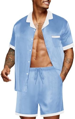 Ekouaer Men Silk Pajamas Set 2 Pieces Satin Pj Button Down Loungewear Sets by EKOUAER