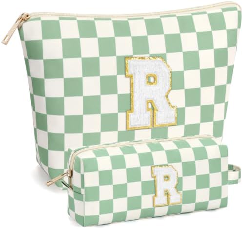 mibasies 2 PCS Initial Makeup Bags for Women: Cosmetic Bag for Travel Toiletry - Birthday Gifts for Teen Girl Gifts Trendy Stuff - Graduation Teacher Gift for Girlfriend -Checkered Green R by mibasies