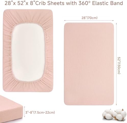 Pro Goleem 2 Pack Muslin Crib Sheets for Girls, Soft Breathable Fitted Cotton Baby Bed Sheets Set for Standard Crib Mattress & Toddler Mattress 52"x28", (Pink＆Purple) - Image 2