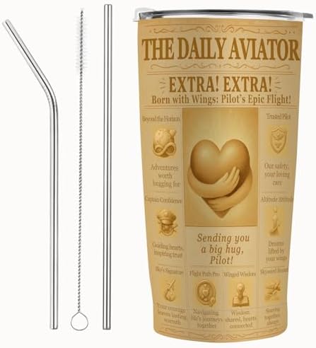 Pilot Gift Tumbler 20oz – Aviation Travel Mug, Vintage Newspaper Airplane Cup, Stainless Steel Insulated, Gifts for Men Women, Checkride Graduation Retirement by Unknown