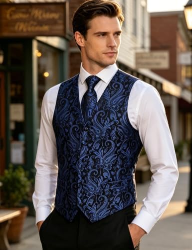 DiBanGu Mens Vest and Tie Set Formal Paisley Waistcoat and Necktie Pocket Square Cufflinks Silk Suit Vest for Tuxedo Wedding - Image 2