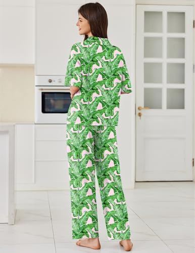 Ekouaer Women Pajamas Set Button Down Sleepwear Short Sleeve Pjs Long Pants - Image 2