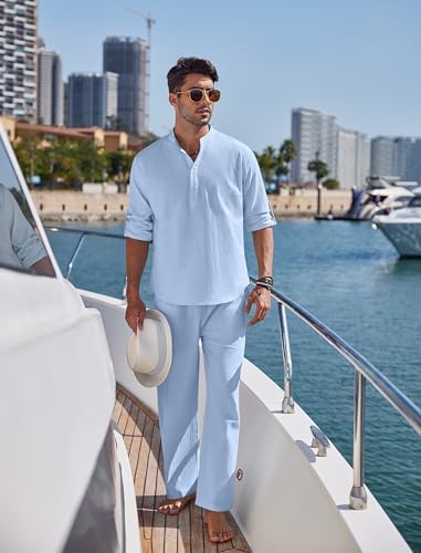 COOFANDY Men’s 2 Piece Cotton Linen Set Casual Beach Outfits Long Sleeve - Image 3