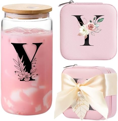 AYGXU Travel Gifts for Women,16oz glass cups with lids and straws,mom birthday gifts,aesthetic cups,coffee cups,travel jewelry case organizer,Travel Essentials Small Jewelry Box,Initial Y pink by AYGXU