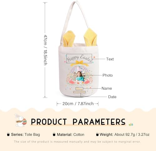 Personalized Bunny Ears Bucket Bag with Custom Name Photo-Easter Bag with Handle-Soft Egg Basket for Kids -Customized Easter Basket-Great for Carrying Gift Easter Eggs (Yellow-Photo) - Image 2