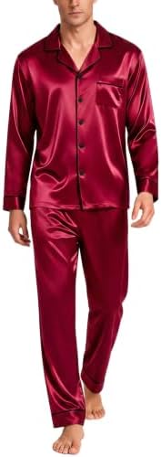 SWOMOG Mens Silk Satin Pajamas Set Long Sleeve Sleepwear Button-Down Pj Two-piece Loungewear with Long Pants S-XXL by SWOMOG