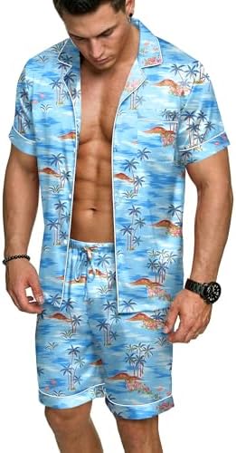 Ekouaer Mens Silk Satin Pajamas Set Short Sleeve Button Up Lounge Pjs Set by EKOUAER