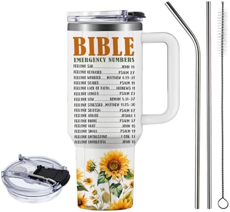Sunflower Christian Gifts for Women, 40 oz Bible Emergency Numbers Tumbler with Lid and Straw, Inspirational Religious Birthday Gifts for You are Cup Christian - Image 3