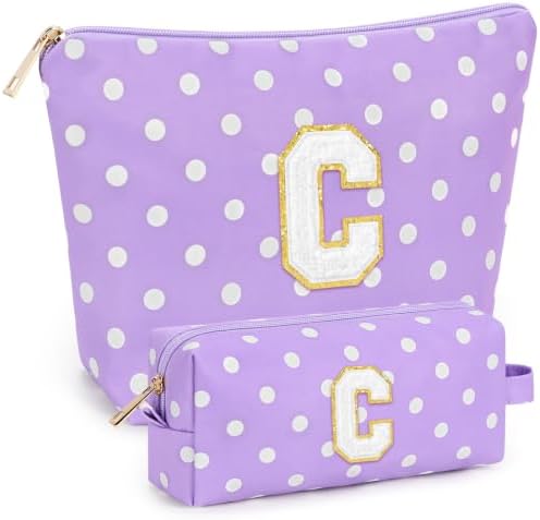 mibasies 2 PCS Initial Makeup Bags for Women: Cosmetic Bag for Travel Toiletry - Birthday Gifts for Teen Girl Gifts Trendy Stuff - Graduation Teacher Gift for Girlfriend -Polka Dot Purple C by mibasies