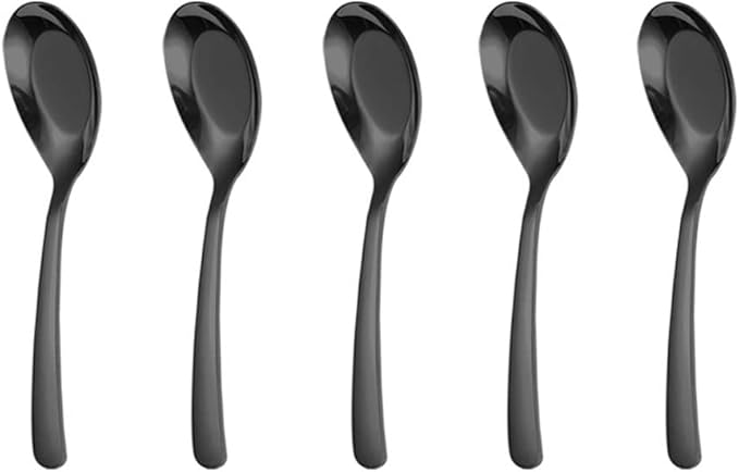 Stainless Steel Soup Spoons (5pcs) - Mirror Finish, Ideal for Soup, Rice, Tea, Milk, Coffee & Dessert (Black)