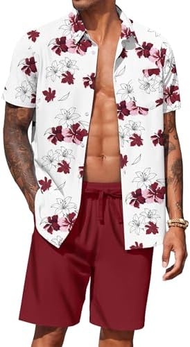 COOFANDY Men's Hawaiian 2 Piece Outfits Floral Button Down Shirt and Shorts Vacation Outfits Summer Beach Matching Set by COOFANDY