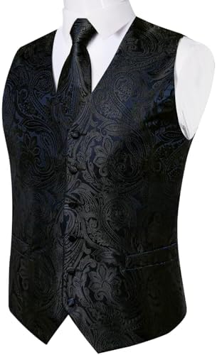 DiBanGu Mens Vest and Tie Set Formal Paisley Waistcoat and Necktie Pocket Square Cufflinks Silk Suit Vest for Tuxedo Wedding - Image 2