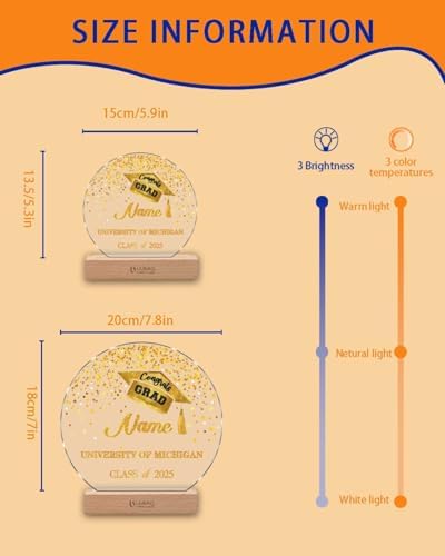 Personalized Graduation Gifts Custom Photo Name Night Light Gold LED Table Lamp for 2026 University High School Senior Keepsake(Round) - Image 3