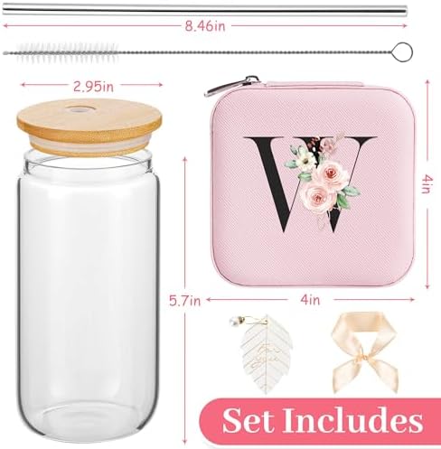 AYGXU Initial Glass Cup,Personalized Birthday Gifts for Women,16oz Glass Tumbler Cups,Graduation Gifts for Her,Small Jewelry Organizer Box,Birthday Gifts for Women,Initial W pink - Image 2