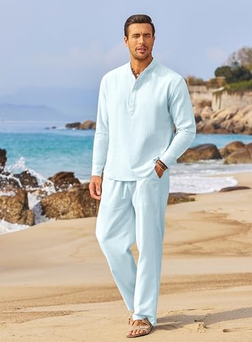 COOFANDY Men’s 2 Piece Cotton Linen Set Casual Beach Outfits Long Sleeve - Image 3