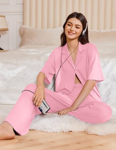 Ekouaer Women Pajamas Set Button Down Sleepwear Short Sleeve Pjs Long Pants - Image 4