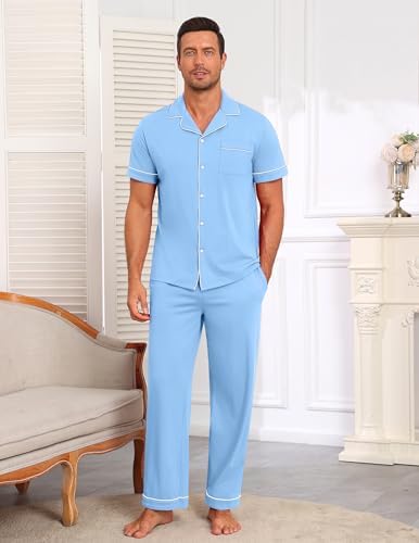 Ekouaer Men's Cotton Pajama Set Short Sleeve Button Down Sleepwear Pjs - Image 2