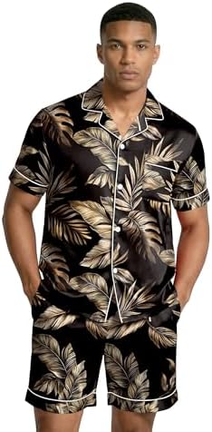 Ekouaer Mens Silk Satin Pajamas Set Short Sleeve Button Up Lounge Pjs Set - Image 2