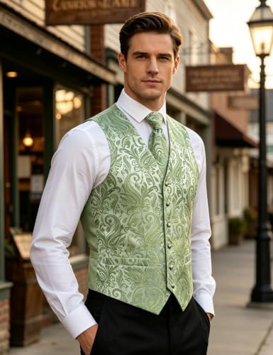 DiBanGu Mens Vest and Tie Set Formal Paisley Waistcoat and Necktie Pocket Square Cufflinks Silk Suit Vest for Tuxedo Wedding - Image 3