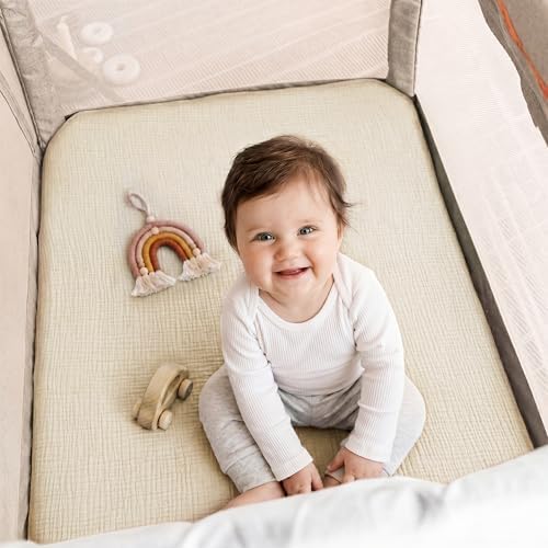 Pro Goleem Muslin Pack n Play Sheets for Boys and Girls, Soft Breathable Cotton Fitted Mini Crib Sheets, Neutral Baby Sheets for Playard Mattress, 2 Pack (Brown＆Beige) - Image 4