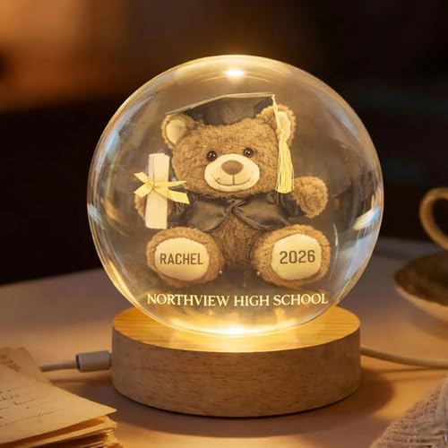 Daty Personalized Graduation Crystal Ball LED Night Light Class of 2026, Teddy Bear 3D Laser Engraved Sphere Gift for High School Graduate by Daty